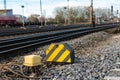 Automatic black yellow switch on railroad. Close up. Royalty Free Stock Photo