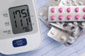 Automatic blood pressure meter and pills on cardiogram graph Royalty Free Stock Photo