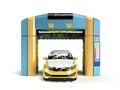 Automatic car wash concept yellow car covered in foam stands inside a robotic washer 3d render Royalty Free Stock Photo