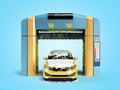 Automatic car wash concept yellow car covered in foam stands inside a robotic washer 3d render on blue gradient Royalty Free Stock Photo