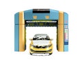 Automatic car wash concept yellow car covered in foam stands inside a robotic washer 3d render on white no shadow Royalty Free Stock Photo