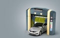 Automatic car wash presentation concept car covered in foam inside a robotic washer 3d render on greygradient Royalty Free Stock Photo