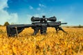 Automatic carbine with a telescopic sight. A sniper weapon mounted on a bipod. Gun for long-range aimed shooting Royalty Free Stock Photo