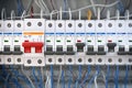 Automatic circuit brakers in a row. Electric switches in fusebox