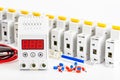Automatic circuit breakers, on a white background. Electrical equipment. Accessories for electrical protection and control Royalty Free Stock Photo