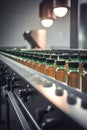 automatic conveyor belt with glass bottles of Immunizing serum AI generated