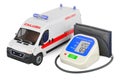 Automatic Digital Blood Pressure Monitor with ambulance van. 3D rendering Royalty Free Stock Photo