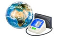 Automatic Digital Blood Pressure Monitor with Earth Globe. 3D rendering Royalty Free Stock Photo