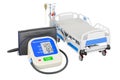 Automatic Digital Blood Pressure Monitor with hospital bed. 3D rendering Royalty Free Stock Photo