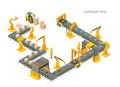 Automatic factory with conveyor line and robotic arms. Assembly process. Vector