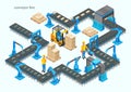 Automatic factory with conveyor line and robotic arms. Assembly process. Vector Royalty Free Stock Photo