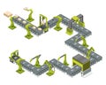 Automatic factory with conveyor line and robotic arms. Assembly process. Vector illustration Royalty Free Stock Photo