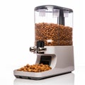 Automatic feeder. Automatic pet food dispenser on floor of house. Smart pet feeder.