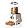 Automatic feeder. Automatic pet food dispenser on floor of house. Smart pet feeder.