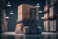Automatic Forklift truck with pallets and boxes loading in the warehouse. Cardboard Boxes on Pallet. Workers Driving Forklift Royalty Free Stock Photo