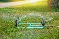 Automatic garden lawn sprinkler in action. Royalty Free Stock Photo