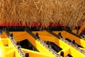 Automatic hay collection, closeup. Hay for cows, horses, goats and sheep. ÃÂgricultura, harvest and farming concept
