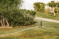 Automatic lawn irrigation system in the park. sprinkling the grass and plants Royalty Free Stock Photo