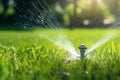 Automatic lawn sprinkler watering green grass. Sprinkler with automatic system. Garden irrigation system watering lawn. Water Royalty Free Stock Photo