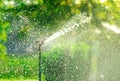 Automatic lawn sprinkler watering green grass. Sprinkler with automatic system. Garden irrigation system watering lawn. Water Royalty Free Stock Photo