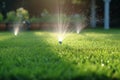 Automatic lawn sprinkler watering green grass. Sprinkler with automatic system. Garden irrigation system watering lawn. Water Royalty Free Stock Photo