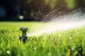 Automatic lawn sprinkler watering green grass. Sprinkler with automatic system. Garden irrigation system watering lawn. Water