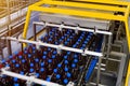 Automatic line for vacuum packaging in a brewery. Plastic brown bottles on conveyor belt. Royalty Free Stock Photo