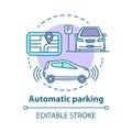 Automatic parking concept icon. Driverless car navigation. Smart car-maneuvering system. Self-driving feature idea thin