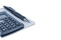 Automatic pen, calculator, notebook on a white background close-up Royalty Free Stock Photo