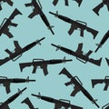 Automatic rifle M16 seamless pattern. Arms on blue background.