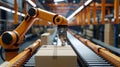 Automatic robot arm in idustrial shipment warehouse with conveyor belt with catboard parcels getting ready for shipping