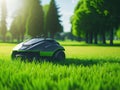 Automatic robot lawn mower on a green lawn. ai generative