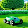 Automatic robot lawn mower on a green lawn with summer landscape High quality