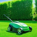 Automatic robot lawn mower on a green lawn with summer landscape High quality