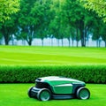 Automatic robot lawn mower on a green lawn with summer landscape High quality