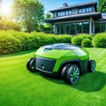 Automatic robot lawn mower on a green lawn with summer landscape High quality