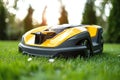 Automatic robotic lawn mower on a green lawn. Generative AI