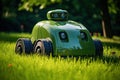 Automatic robotic lawn mower on a green lawn. Generative AI