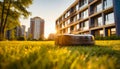 Automatic Robotic Lawn Mower Moving on Green Grass - Generative Ai