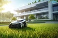 Automatic robotic lawn mower moving on green lawn near modern residential apartment building houses. Automated smart