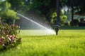 Automatic sprinkler system watering the lawn, lush lawn on a sunny day Royalty Free Stock Photo