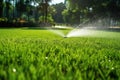 Automatic sprinkler system watering the lawn, lush lawn on a sunny day Royalty Free Stock Photo