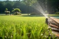 Automatic sprinkler system watering the lawn, lush lawn on a sunny day Royalty Free Stock Photo