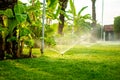 automatic sprinkler working on grass irrigation. Sprinkler system watering the lawn Royalty Free Stock Photo