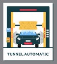 Automatic tunnel car wash poster template, flat vector illustration. Royalty Free Stock Photo