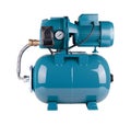 Automatic water supply station isolated white background. Iron pump casing, pressure sensor. Blue color station. Rele