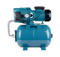 Automatic water supply station isolated white background. Metal pump casing, pressure sensor. Blue color station. Rele