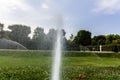 Automatic watering equipment, lawn maintenance, gardening and tools concept. Water jets automatically sprayed from a small Royalty Free Stock Photo