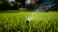 Automatic watering of the green lawn. The nozzle sprays water onto the lawn. Automatic lawn care