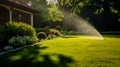 Automatic watering of the green lawn. The nozzle sprays water onto the lawn. Automatic lawn care